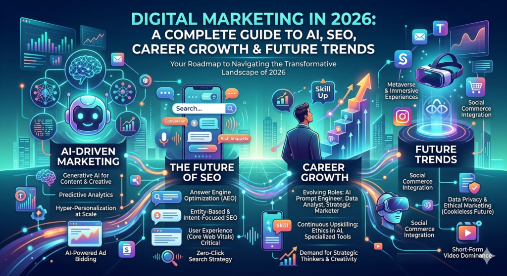 A futuristic infographic detailing 2026 digital marketing trends, highlighting AI-driven marketing, the future of SEO, career growth paths, and emerging social commerce trends.
