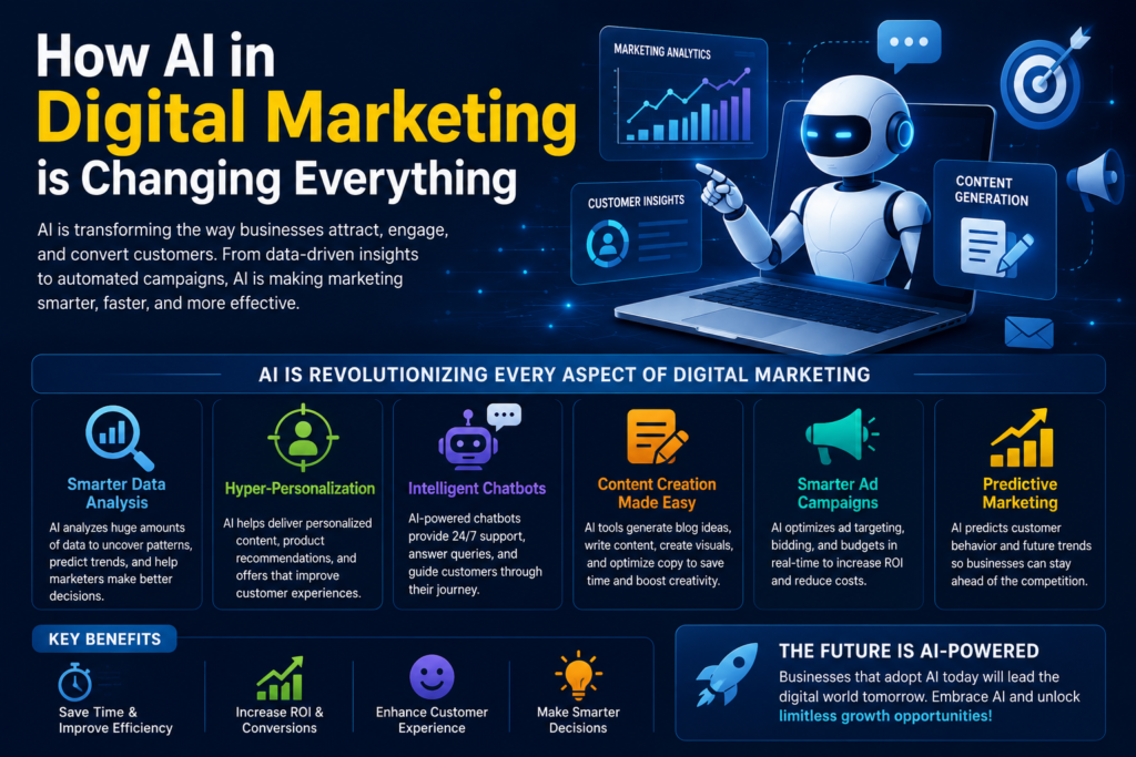 AI in Digital Marketing infographic showing AI-powered marketing, automation, content creation, analytics, and future trends