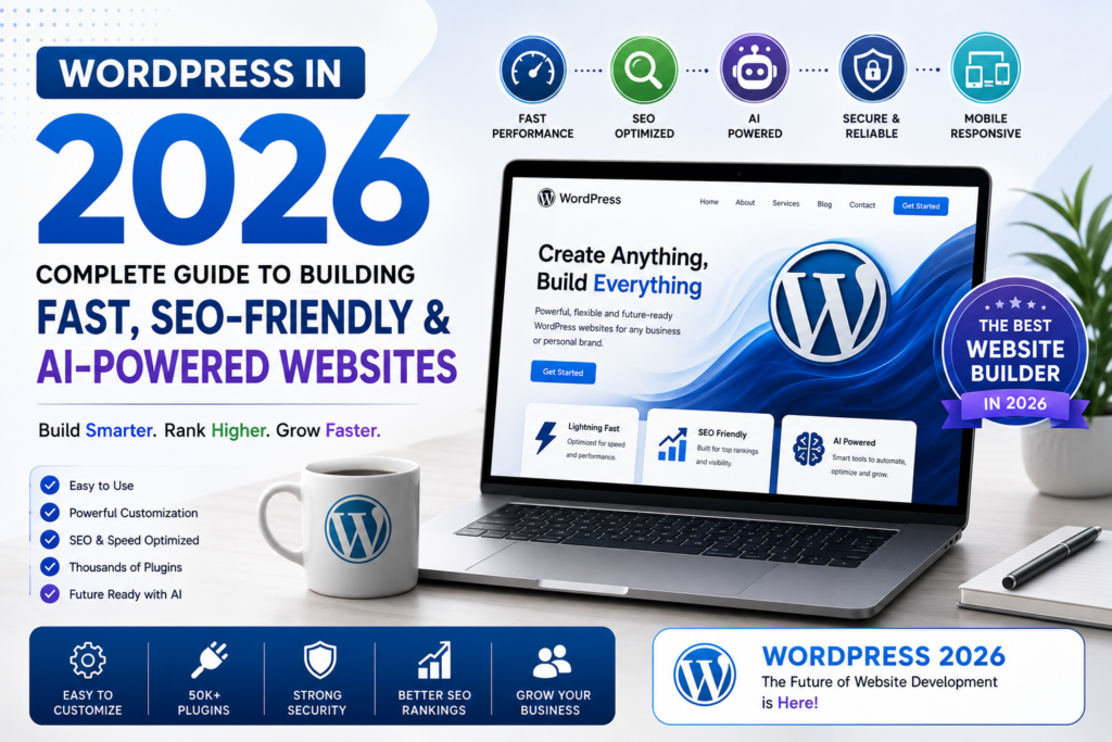 WordPress 2026 infographic showing fast, SEO-friendly, AI-powered websites with performance, security, and optimization