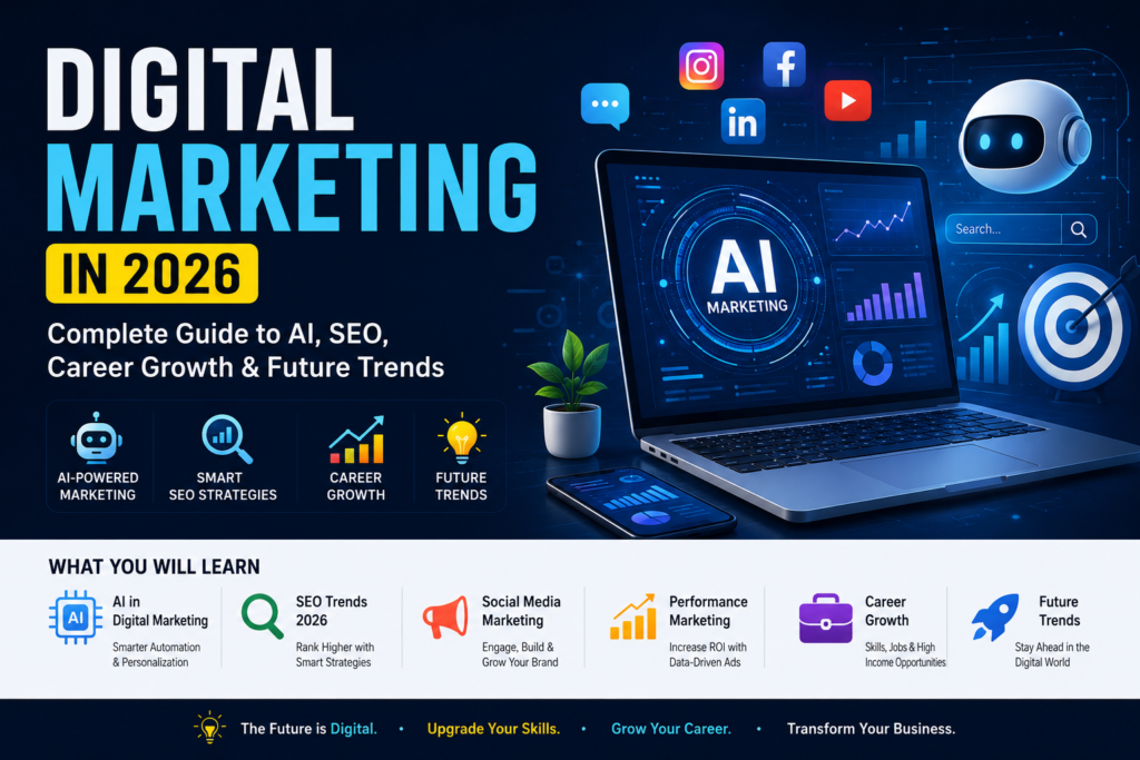 Digital Marketing in 2026 infographic showing AI marketing, SEO trends, social media marketing, career growth, and future digital marketing strategies